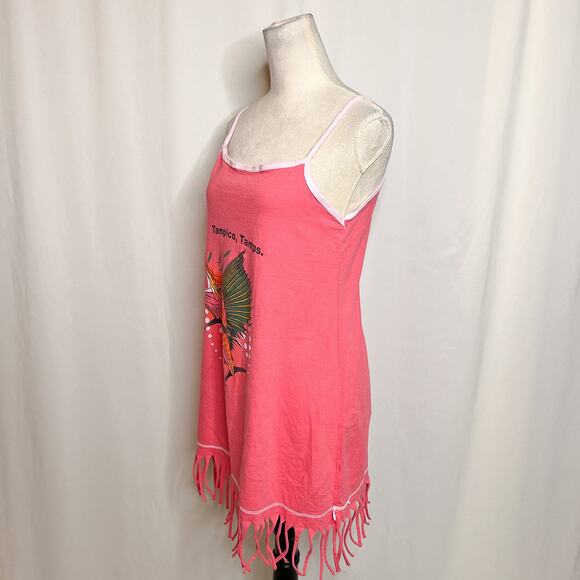 Camps Vintage Y2K Tampico Tamps Marlin Mini Dress Coverup Fringe Pink Tropical - Picture 7 of 10